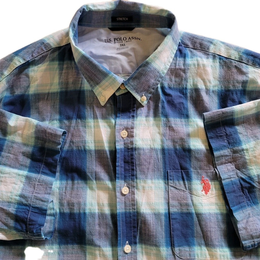 U.S. Polo‎ Assn Men's 3XL Blue White Plaid Short-Sleeve Button Up Shirt